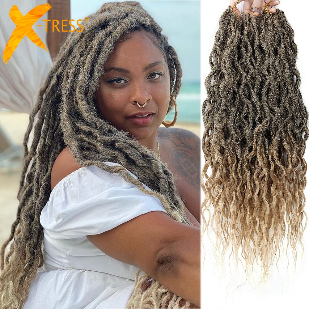X-TRESS Ombre Brown Curly Faux Locs Crochet Braiding Hair For Black Women Synthetic Goddess Locs 12strands/pack 26inches Braids